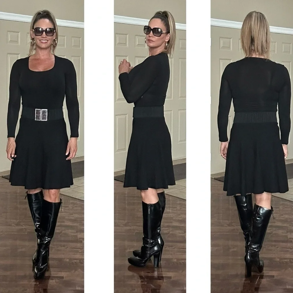 Black knit A-line mini skirt Sz M classy flowy stretchy pull-on - Picture 4 of 14